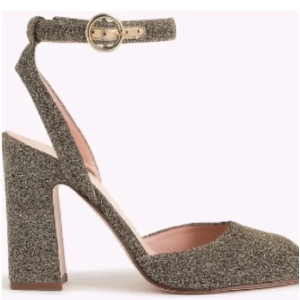 J. Crew Harlow Ankle Strap Gold Glitter Heels NWOB Made in Italy Leather Bottoms - Picture 3 of 8